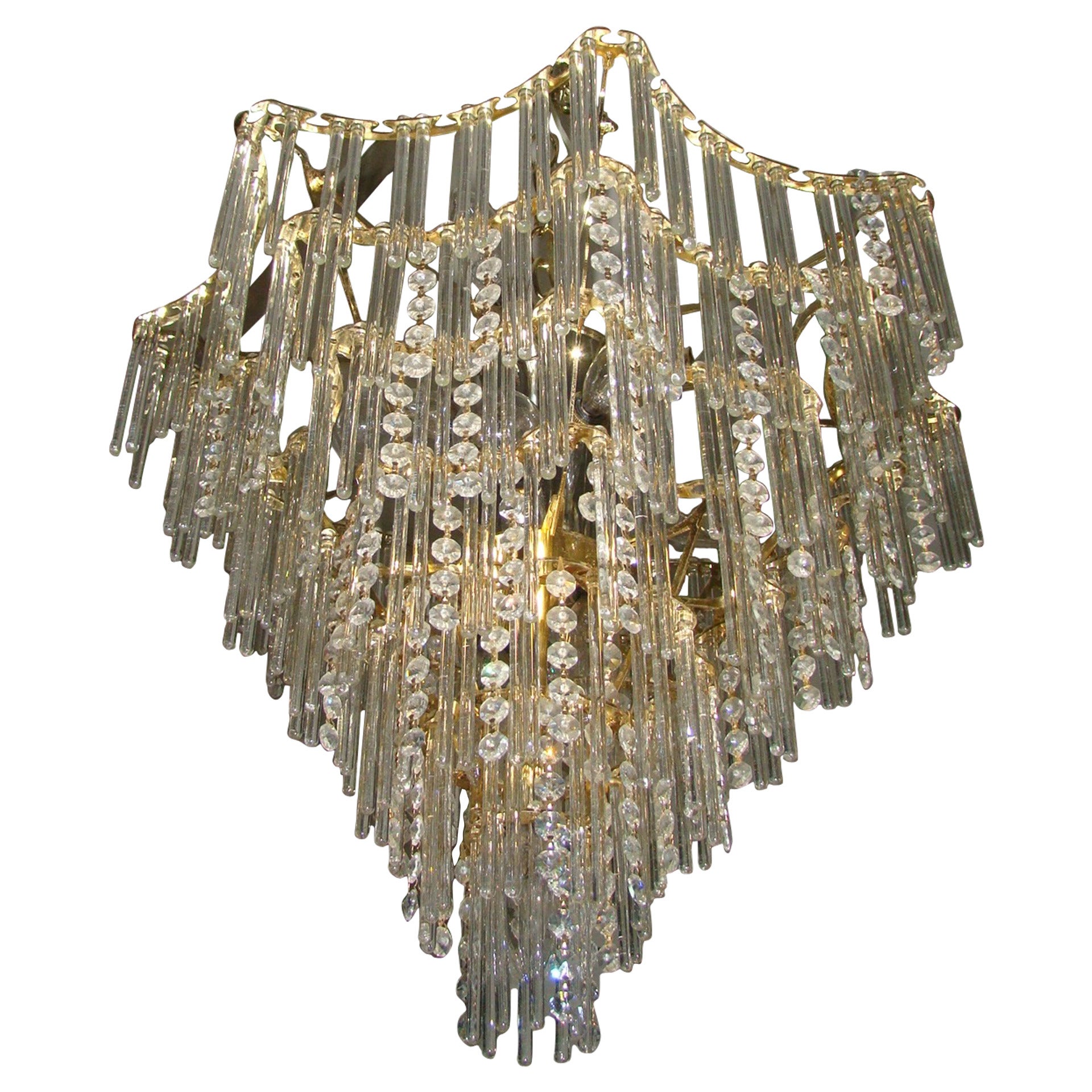 Mid-Century Sciolari Brass and Glass Rod Crystal Chandelier