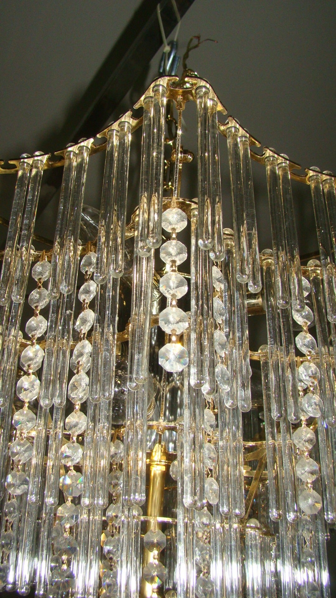 Unknown Mid-Century Sciolari Brass and Glass Rod Crystal Chandelier