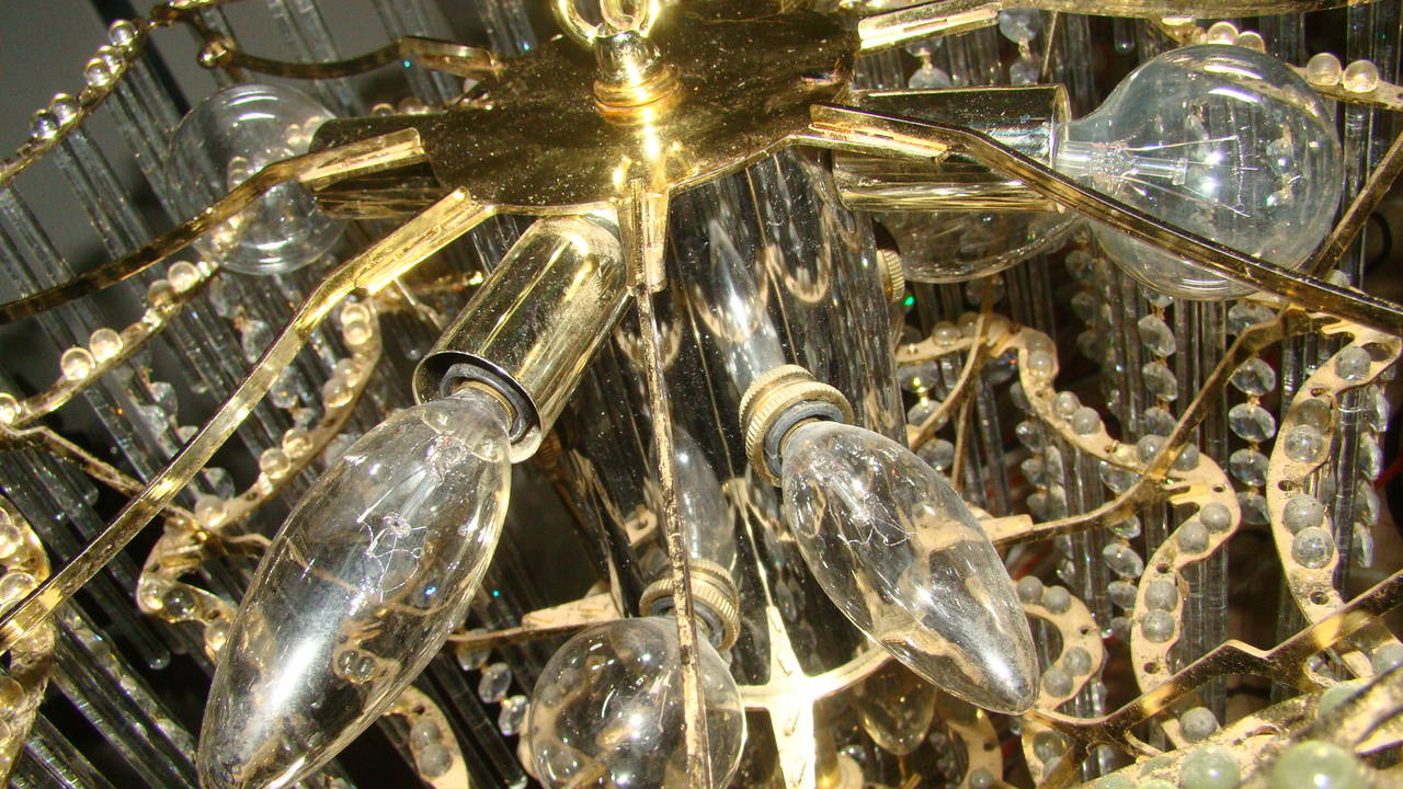 Late 20th Century Mid-Century Sciolari Brass and Glass Rod Crystal Chandelier