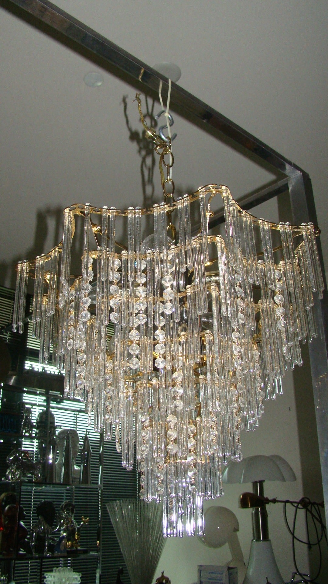 Mid-Century Sciolari Brass and Glass Rod Crystal Chandelier 2