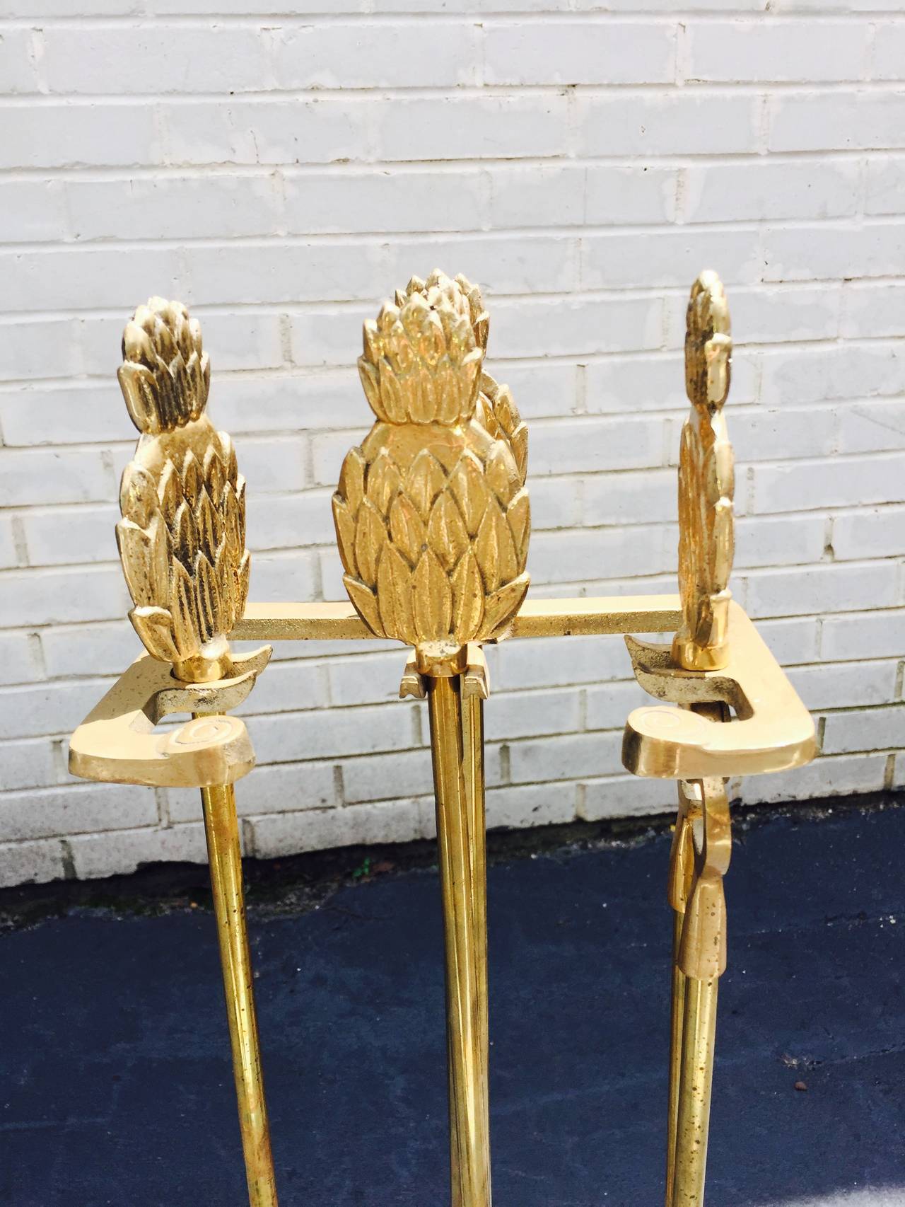 Late 20th Century Brass Pineapple Sculptural Art Deco Fireplace Tool Set