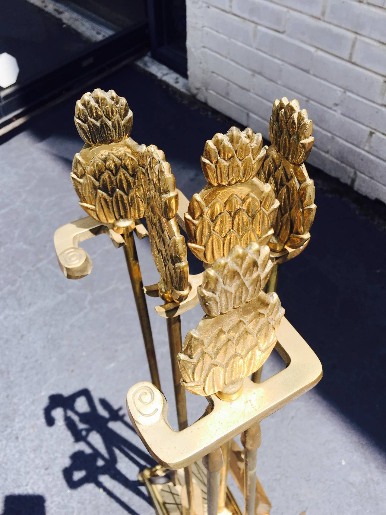 Brass Pineapple Sculptural Art Deco Fireplace Tool Set 1