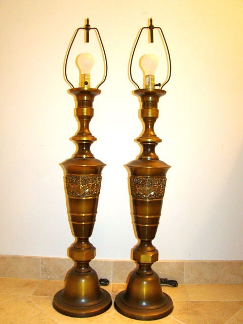 Sculptural Brass Large Scale Middle-Eastern Table Lamp Pair