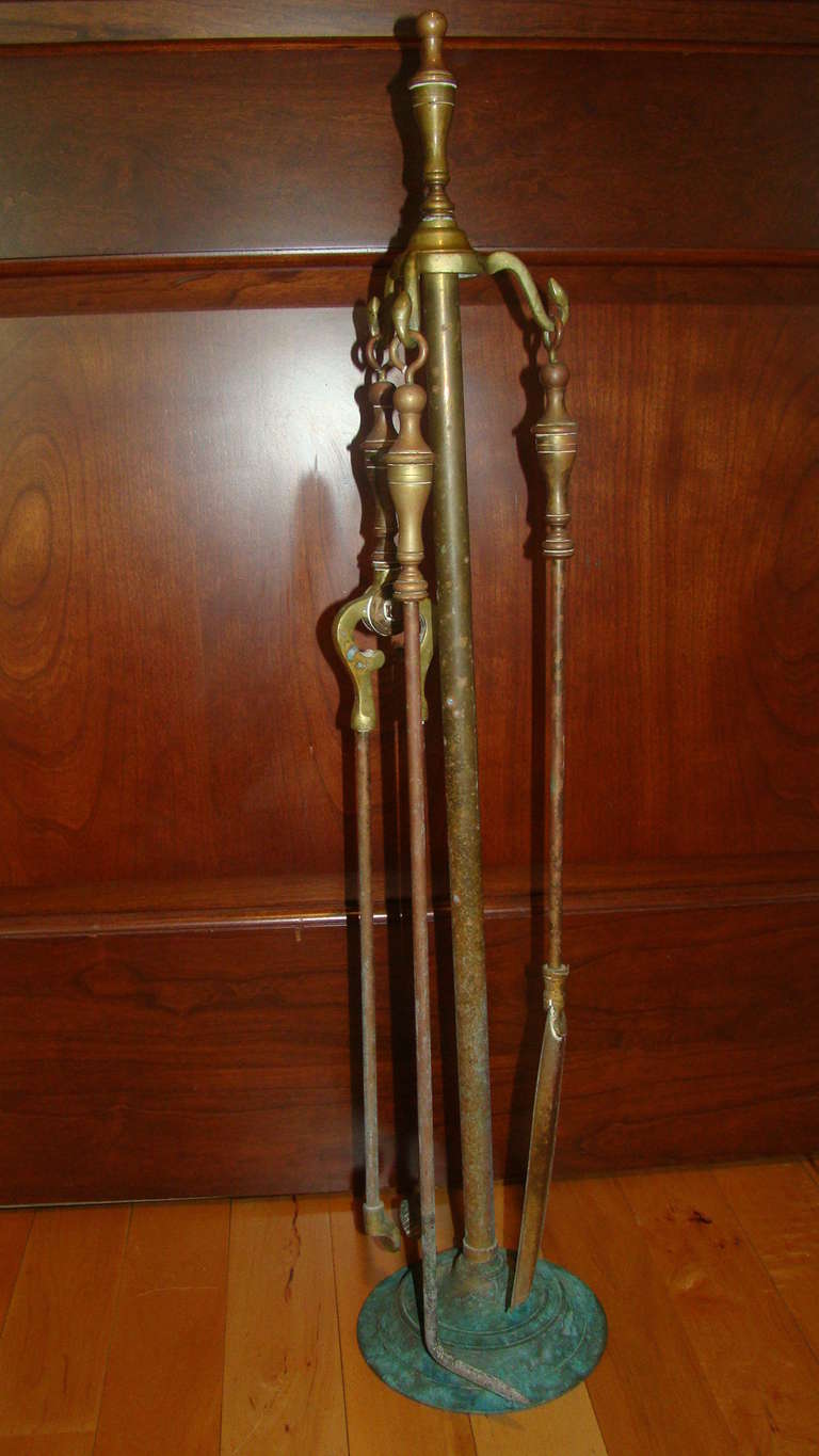 Unknown Antique Sculptural Brass Fireplace Tool Set