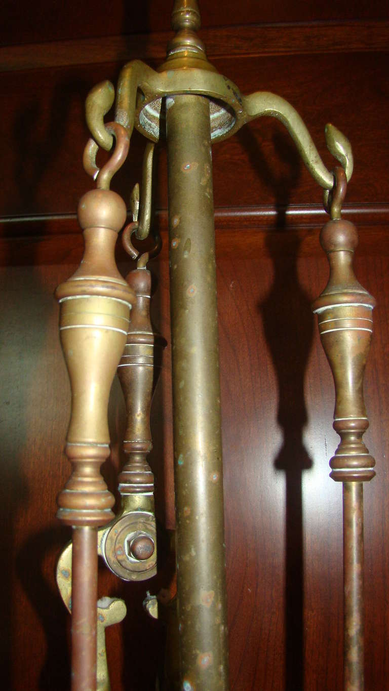 Mid-20th Century Antique Sculptural Brass Fireplace Tool Set