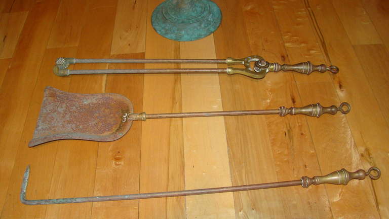 Antique Sculptural Brass Fireplace Tool Set 3