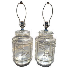 Pair of Palm Beach, Regency Glass, Bamboo Motif Table Lamps
