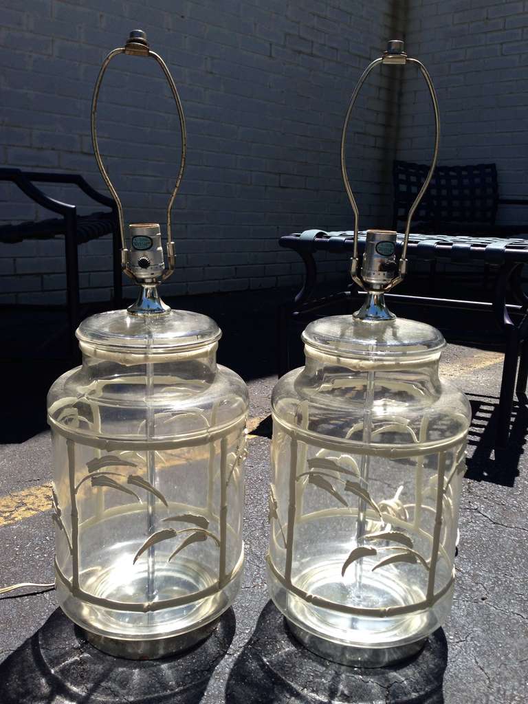 Pair of Palm Beach, Regency Glass, Bamboo Motif Table Lamps