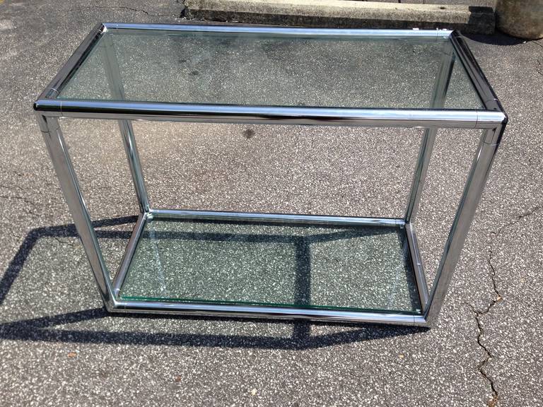 Great vintage Tubular Chrome and glass two tier console table in the style of John Mascheroni.