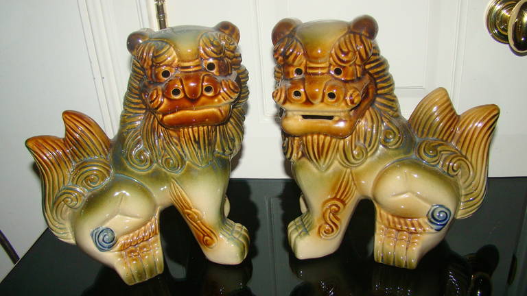 Folk Art Pair of Glazed Pottery Modern Foo Dogs Sculptures
