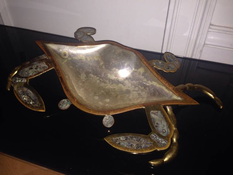 Terrific Crab Sculpture attributed to Los Castillos Mexico. Comprised of Brass and silver plate with finely detailed Abalone Shell inlay throughout.