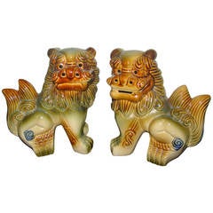 Vintage Pair of Glazed Pottery Modern Foo Dogs Sculptures