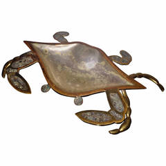 Vintage Mexican Abalone and Brass Crab Sculpture Dish 