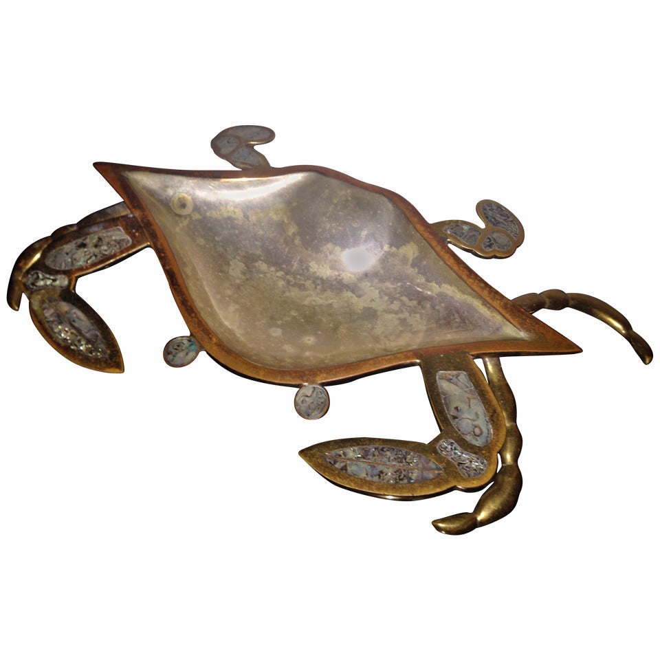Mexican Abalone and Brass Crab Sculpture Dish  For Sale