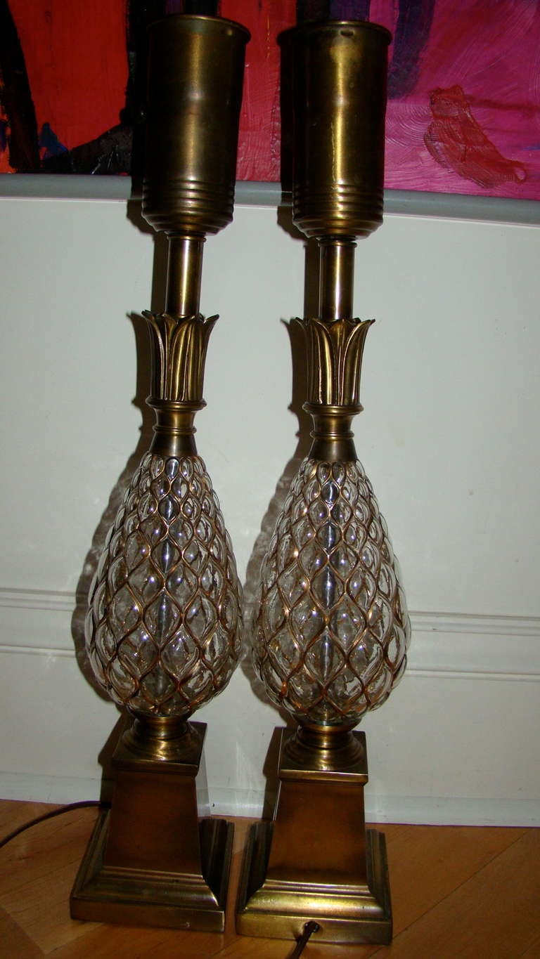 Pineapple Glass & Brass Table Lamp Pair