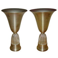 Russel Wright Spun Aluminum & Glass Torchiere Table Lamp Pair