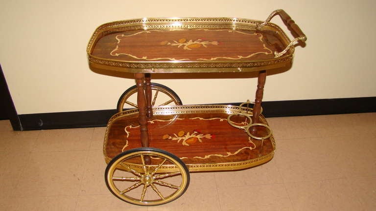 Italian Inlaid Mid Century Rolling Bar Cart In Excellent Condition In Atlanta, GA