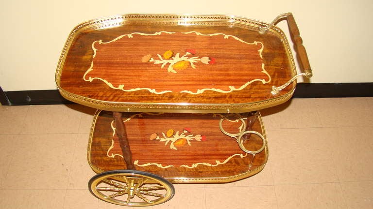 Mid-20th Century Italian Inlaid Mid Century Rolling Bar Cart