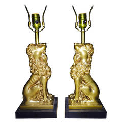 Pair of Sculptural Brass Mid-Century Lion Lamps