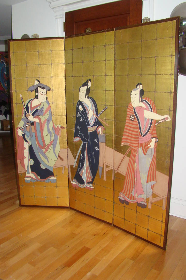 Samurai Gold Guilded 3 Panel Hand Painted Folding Screen