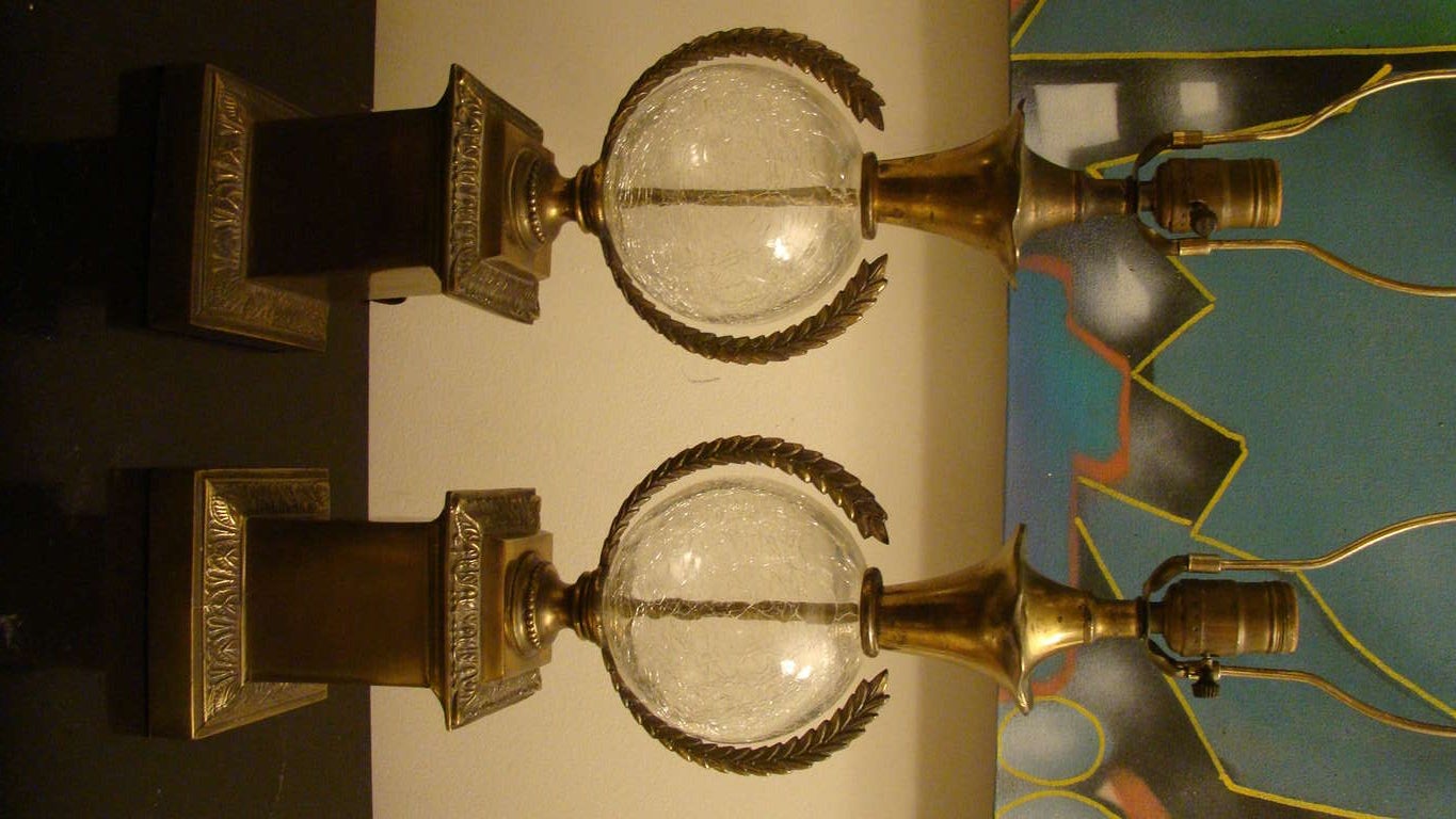 American Paul Hanson Brass Wreath & Crackle Glass Table Lamp Pair