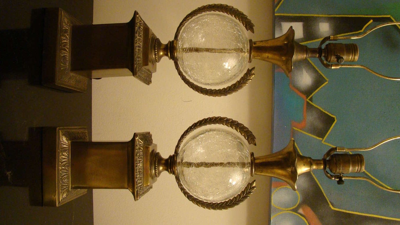 Paul Hanson Brass Wreath & Crackle Glass Table Lamp Pair In Excellent Condition In Atlanta, GA