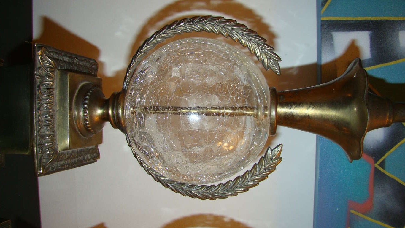 Mid-20th Century Paul Hanson Brass Wreath & Crackle Glass Table Lamp Pair