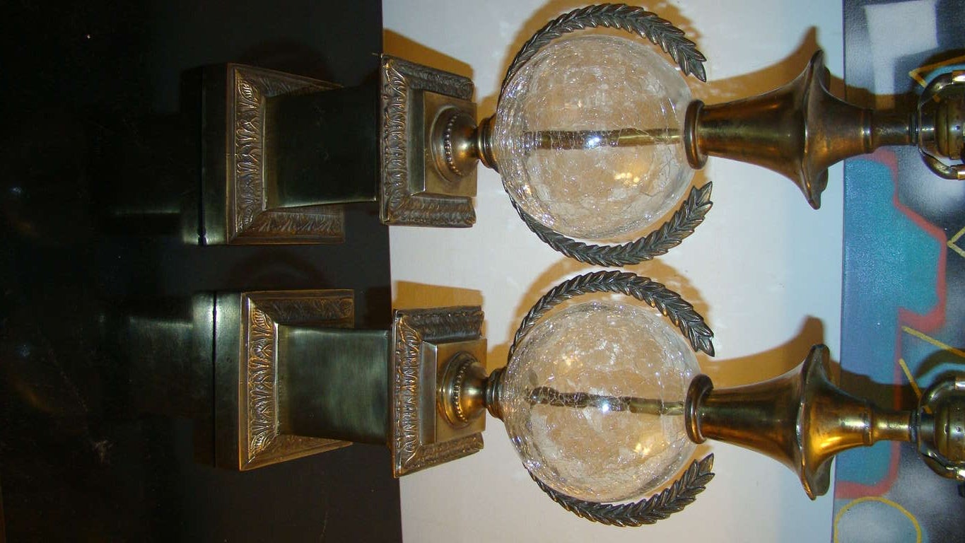 Paul Hanson Brass Wreath & Crackle Glass Table Lamp Pair 2