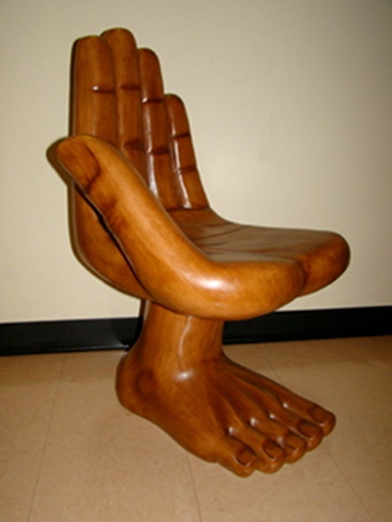 Terrific vintage Sculptural Hand & Foot Chair in the manner of Pedro Friedeberg, Unsigned. This unique design depicts a hand seat with pedistal foot base. Truly a beautiful chair in person!