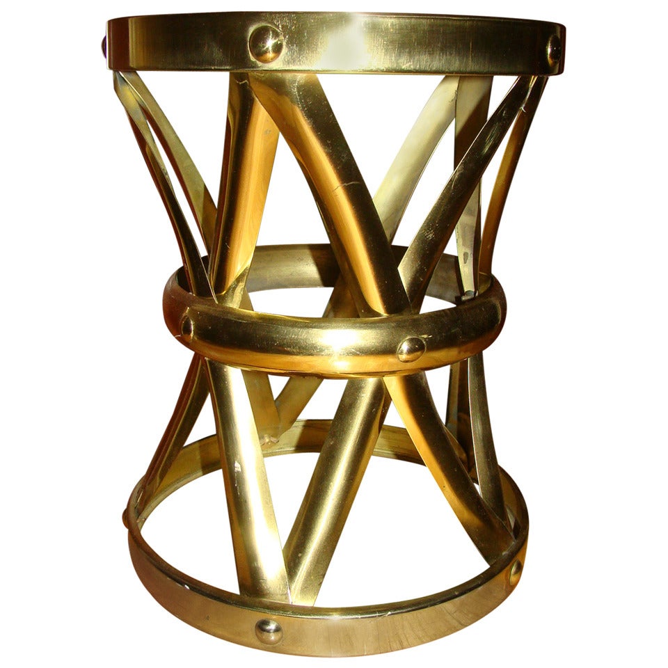Sarreid Polished Brass Mid Century Drum Table / Stool at 1stDibs