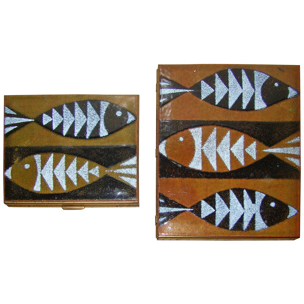Enamel Fish Design Mid-Century Compact and Cigarette Case For Sale