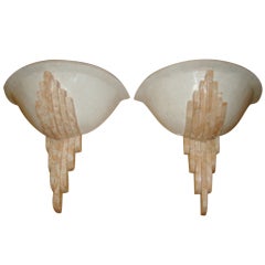 Maitland Smith Inlaid Marble Deco Wall Hanging Sconces Pair