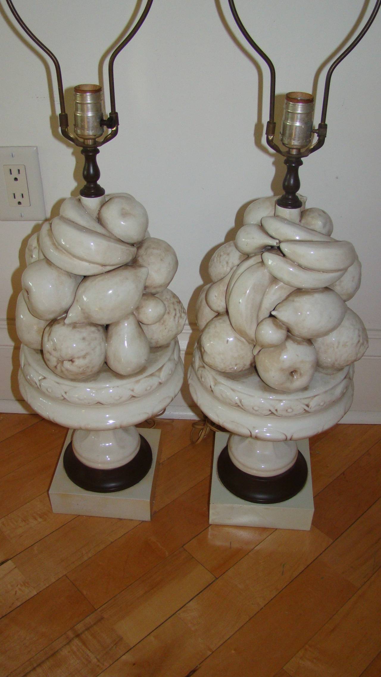 Pair of Italian Pottery Blanc de Chine Fruit Bowl Lamps In Excellent Condition In Atlanta, GA
