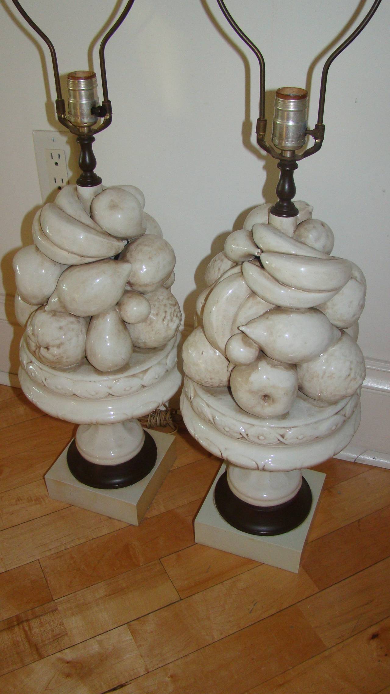 Mid-20th Century Pair of Italian Pottery Blanc de Chine Fruit Bowl Lamps
