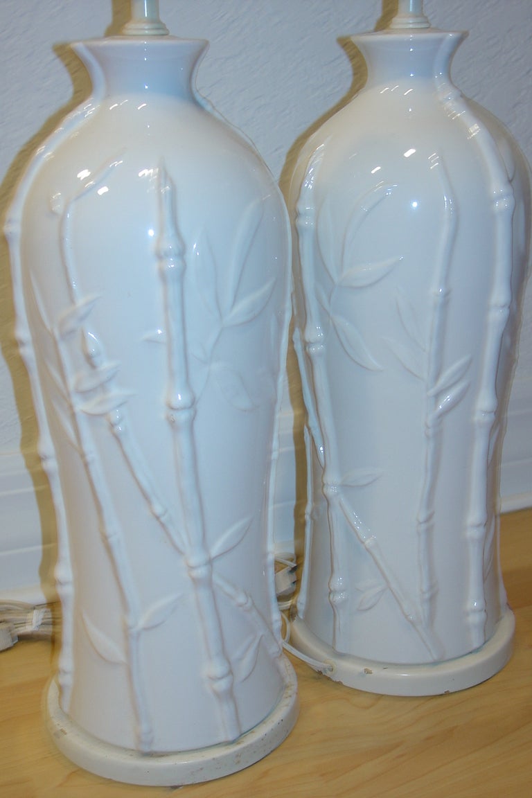 Vintage Palm Beach Regency Pair Of Italian Bamboo White Porcelain Table Lamps