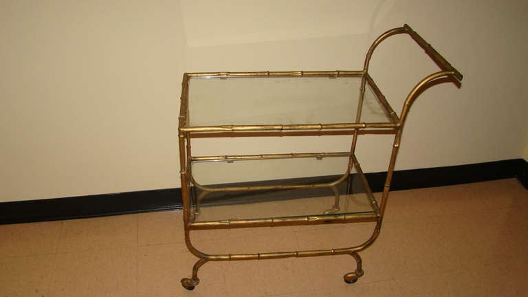 French Faux Bamboo Glass & Guilded Metal Rolling Bar Cart