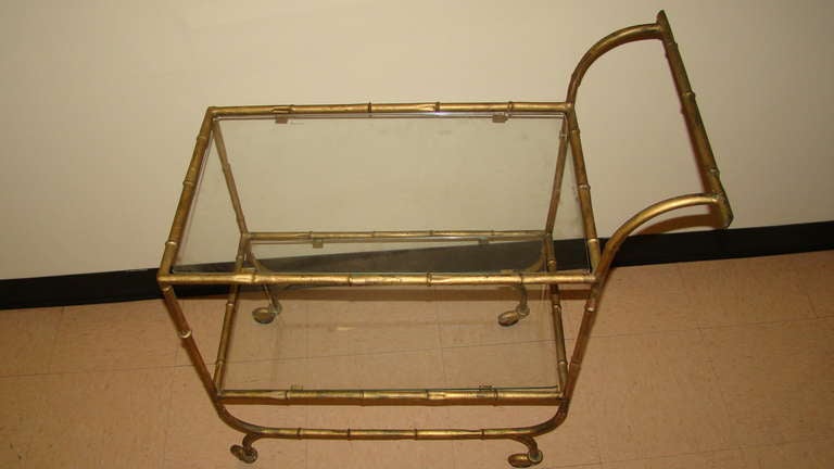 Faux Bamboo Glass & Guilded Metal Rolling Bar Cart In Excellent Condition In Atlanta, GA