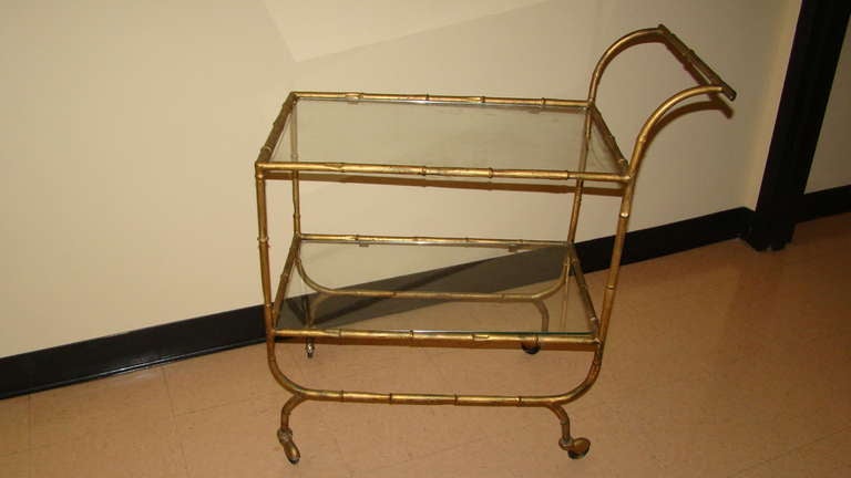 Faux Bamboo Glass & Guilded Metal Rolling Bar Cart 1