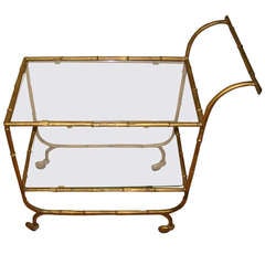 Faux Bamboo Glass & Guilded Metal Rolling Bar Cart