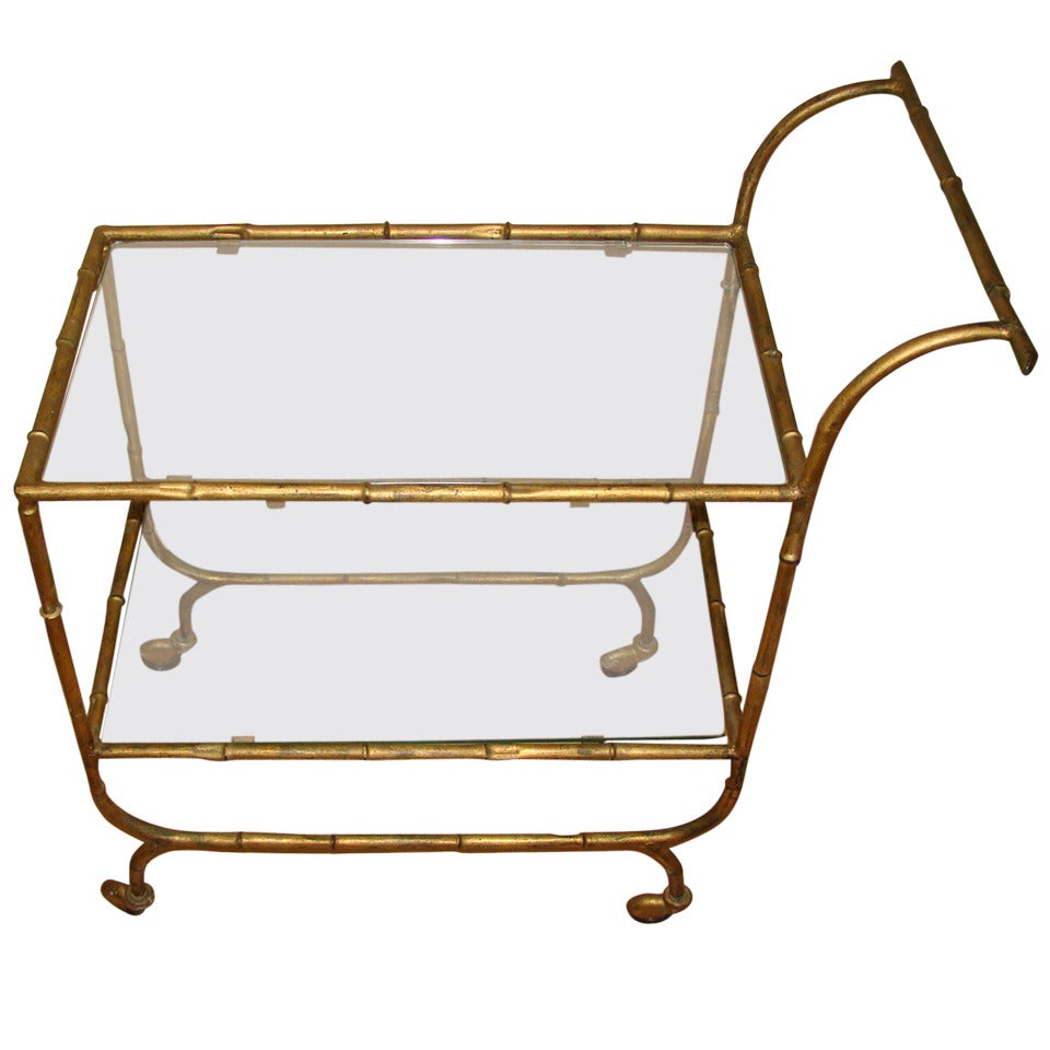 Faux Bamboo Glass & Guilded Metal Rolling Bar Cart