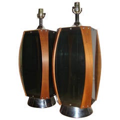 Pair of Danish Modern Acrylic and Teak Mid-Century Lamps