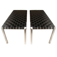 Stainless Steel & Black Leather Strap Mid Century Bench Pair
