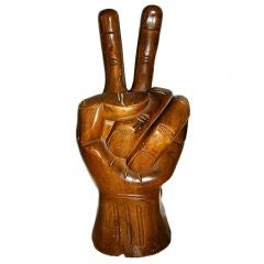 Giant Wood Carved Mid Century Peace Sign Hand Sculpture