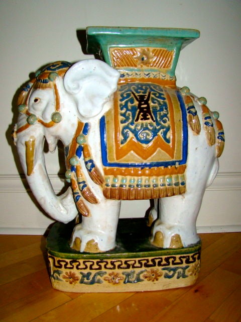 Beautiful Hand Painted & Glazed Pottery Elephant Garden Table/Stool. Comprised of thick heavy pottery with colorful hand painted details depicting an elephant.