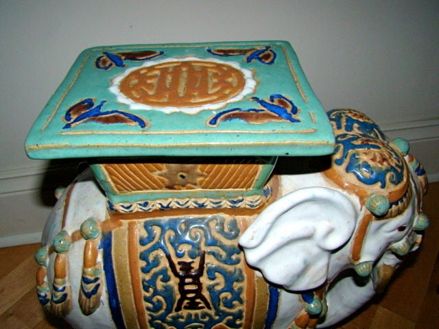 Mid-20th Century Hand Painted & Glazed Majolica Elephant Garden Table Stool