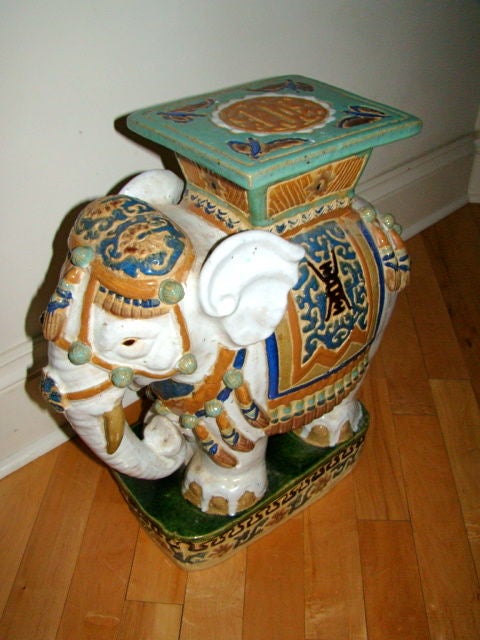Pottery Hand Painted & Glazed Majolica Elephant Garden Table Stool