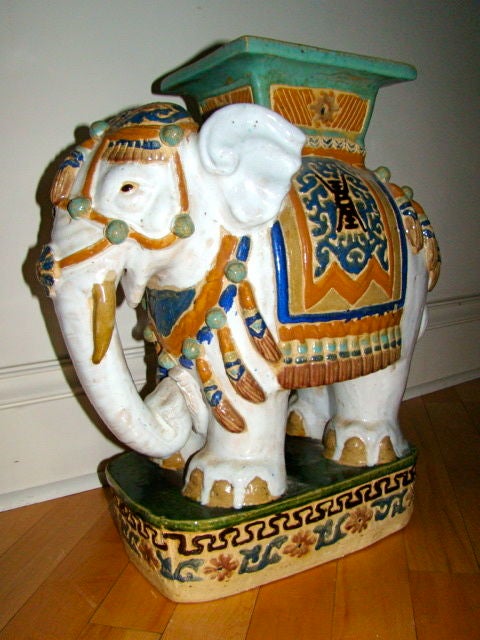 Hand Painted & Glazed Majolica Elephant Garden Table Stool 1