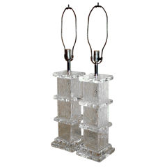 Pair Of Lucite Table Lamps With Crackle Acrylic Design