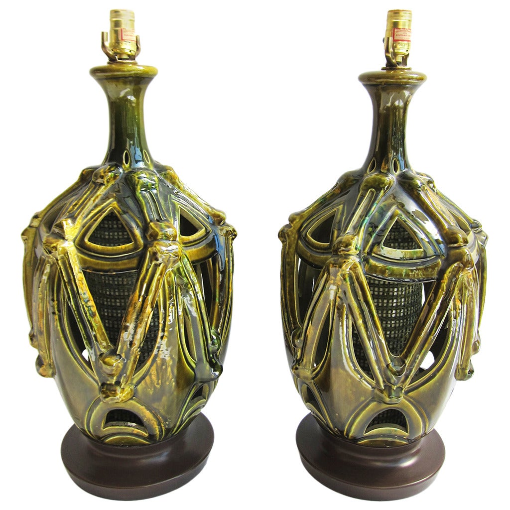 Pair of Midcentury Glazed Ceramic Table Lamps For Sale