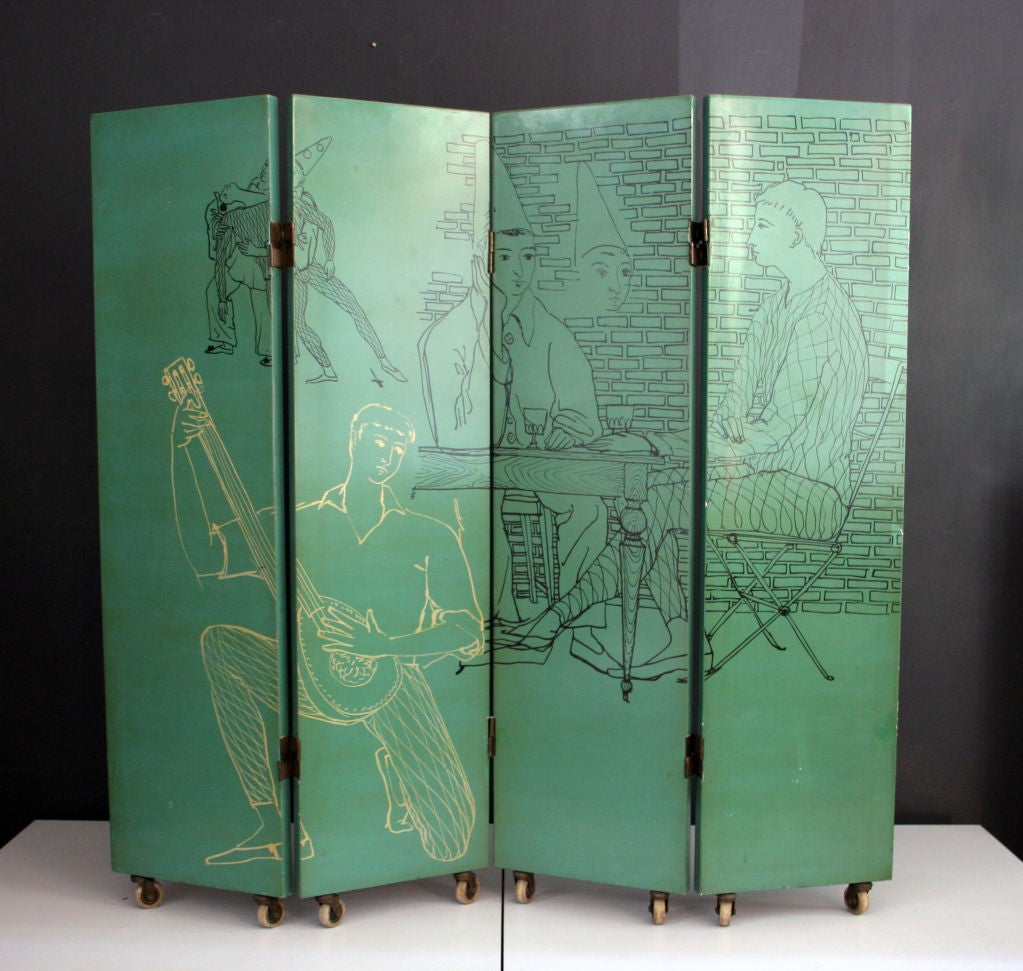 Four panel harlequin themed screen by Piero Fornasetti. Backside with an exquisite design of a map.
